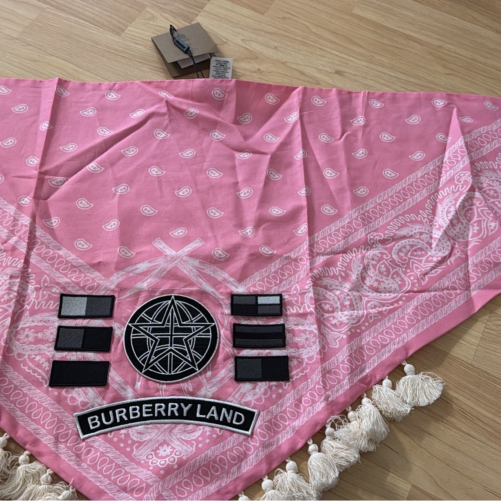 Burberry Pink Scarf with Tassels and Patches